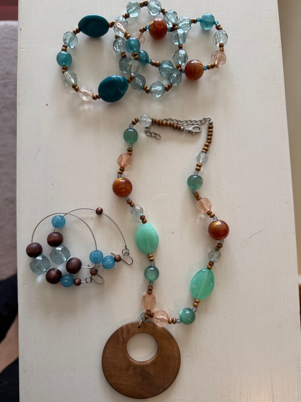 Boho Multicolor Beaded Necklace with Wooden Pendant and Matching Hoop Earrings